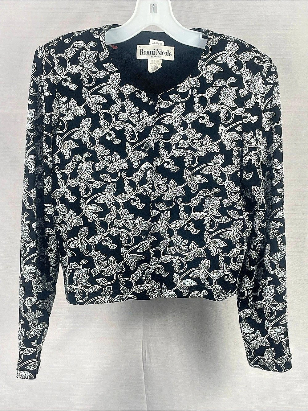Vintage Ronni Nicole Black Glitter Floral Button Blouse Sz 8 90s